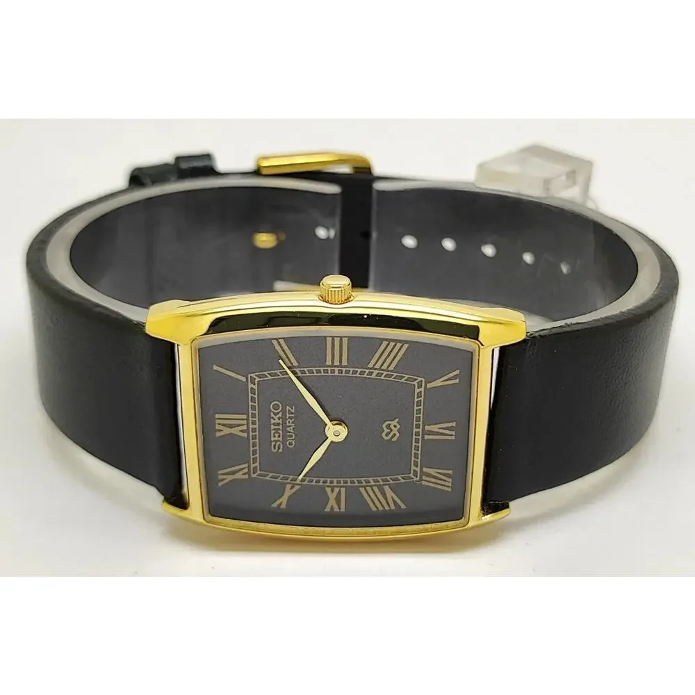 Vintage Style Seiko Quartz Mens Gold Watch & Black accents W/ Leather Strap